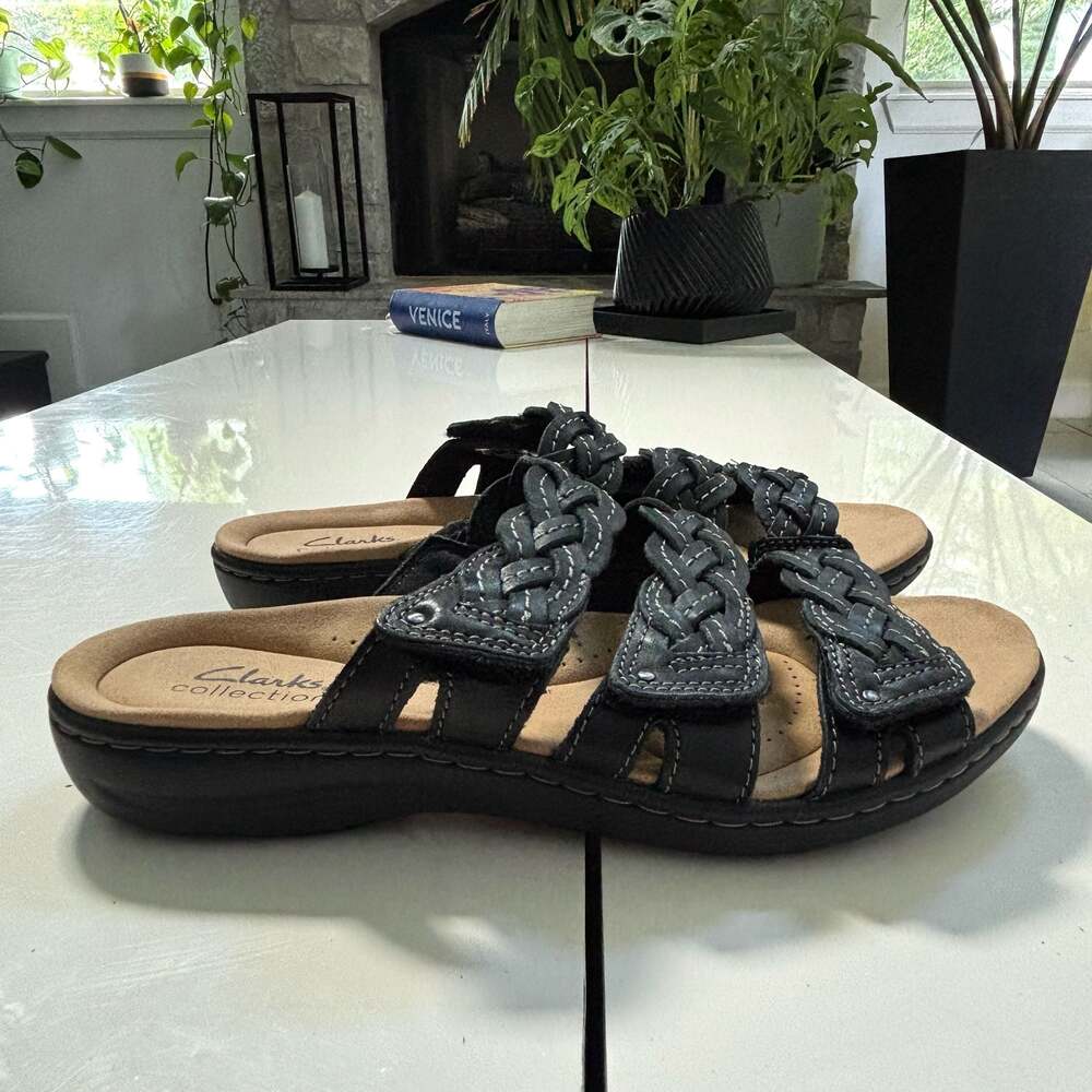 Clarks Collection Black Braided Leather Slide Sandals Size 8